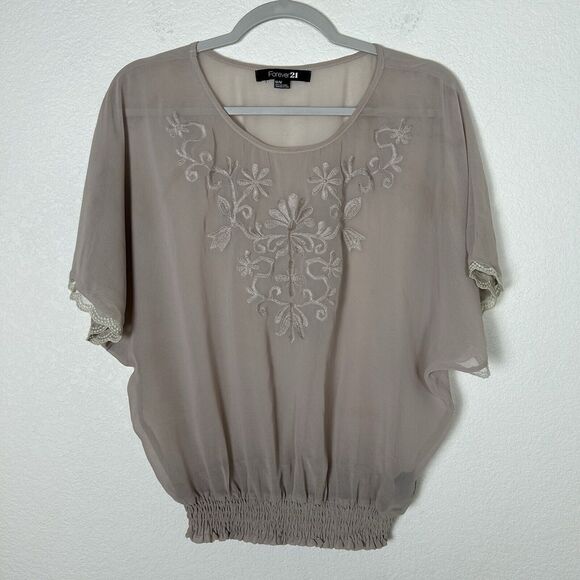 Forever 21 sheer SzM embroidery chiffon top feminine Coquette Boho chic smocked - Picture 1 of 10